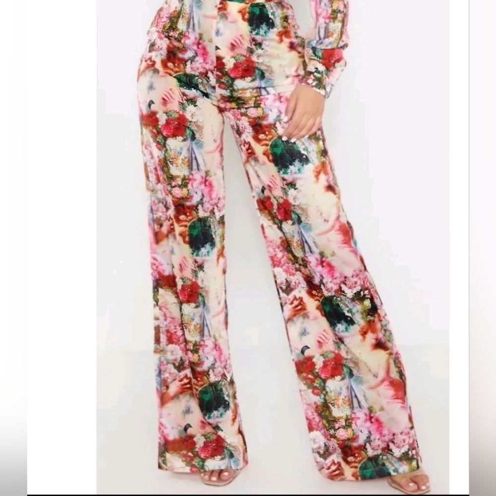 PrettyLittleThing Rose Femme Renaissance Print Wide Leg Pants.